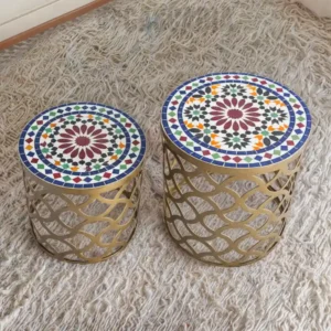 Tables marocaines en zellige multicolore avec base dorée en acier découpé au laser