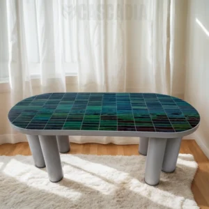 Table basse ovale en zellige vert émeraude avec pieds cylindriques blancs, artisanat marocain fait main.