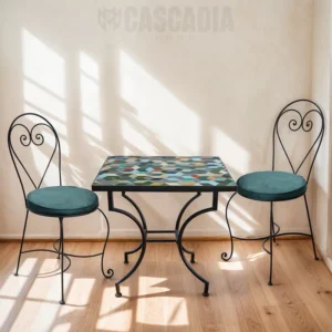 Ensemble table et chaises en zellige et fer forgé – mobilier artisanal marocain Marrakech