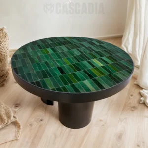 Table basse ronde en zellige vert et base noire – design marocain artisanal