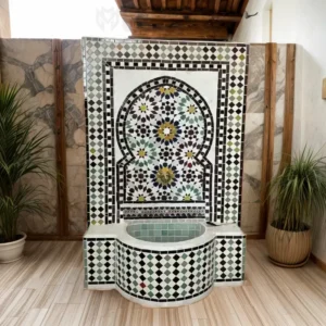 Fontaine murale marocaine en zellige artisanal multicolore, motif El Fassi
