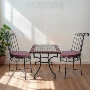 Ensemble table et chaises en zellige rouge et fer forgé – mobilier marocain artisanal
