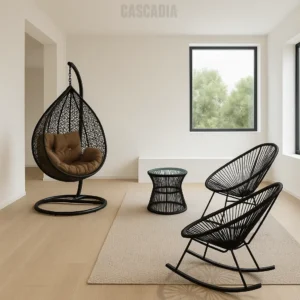 Pack Ibiza avec chaise suspendue, chaise basculante, chaise Acapulco et table ronde. Mobilier moderne en corde tressée pour espace lounge intérieur ou extérieur.