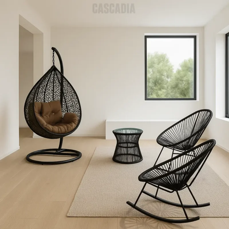 Pack Ibiza avec chaise suspendue, chaise basculante, chaise Acapulco et table ronde. Mobilier moderne en corde tressée pour espace lounge intérieur ou extérieur.