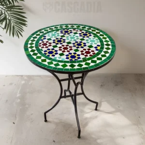 Table ronde zellige marocain motif mosaïque vert pied fer forgé noir