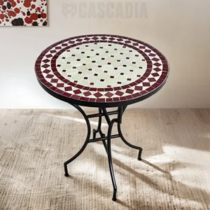 Table mosaïque marocaine ronde motif andalou terracotta et blanc sur pied en fer forgé noir
