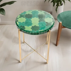 Table d’appoint en zellige vert et acier doré faite main à Marrakech