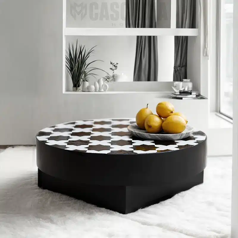 Table basse artisanale Mozart en zellige marocain et structure en métal noir